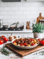 Rustic kitchen setting showcasing a shallow bowl of roasted chicken and potatoes with cherry tomatoes, herbs, and garlic, on a wooden board