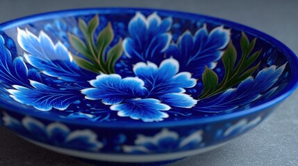 Artistic depiction of floral blue bowl studio setting still life photography elegant design close-up view cultural heritage