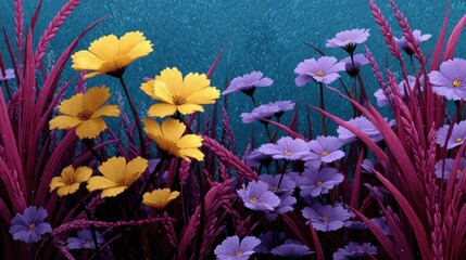 Vibrant floral blooms nature scene digital art colorful environment close-up view aesthetic beauty