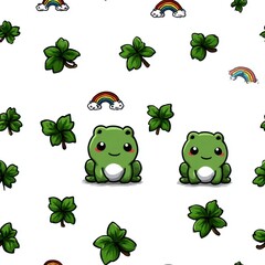 Playful frogs and clover patterns whimsical design digital art cheerful environment top view nature concept