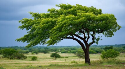 Majestic tree standing tall in lush landscape nature photography open field overcast sky