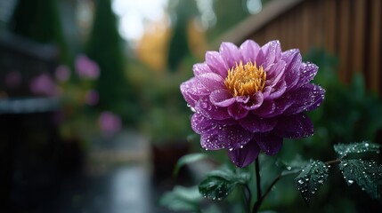 Blooming purple lotus flower after rain serene garden nature photography tranquil environment close-up view beauty concept