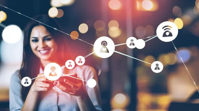 The woman holding her smartphone Digital social media icons gently float and pulse around her Lines of light connection - Powered by Adobe