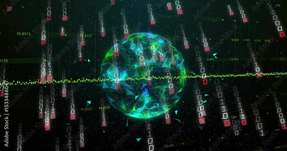 Poster sphere appearing at start, rotating and releasing cascading binary streams for data visualization