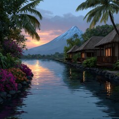 Tranquil sunset reflection island retreat digital art tropical paradise aerial view serenity