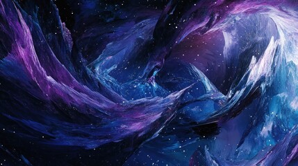A cosmic, deep space-inspired abstract background with dark blues, purples, and blacks, featuring shimmering white stars scattered across the design, evoking the vastness of the universe