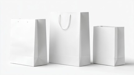 Three blank, white paper shopping bags of varying sizes stand on a white background