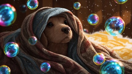 Cozy puppy wrapped in blanket indoor setting digital art whimsical atmosphere close-up view adorable concept