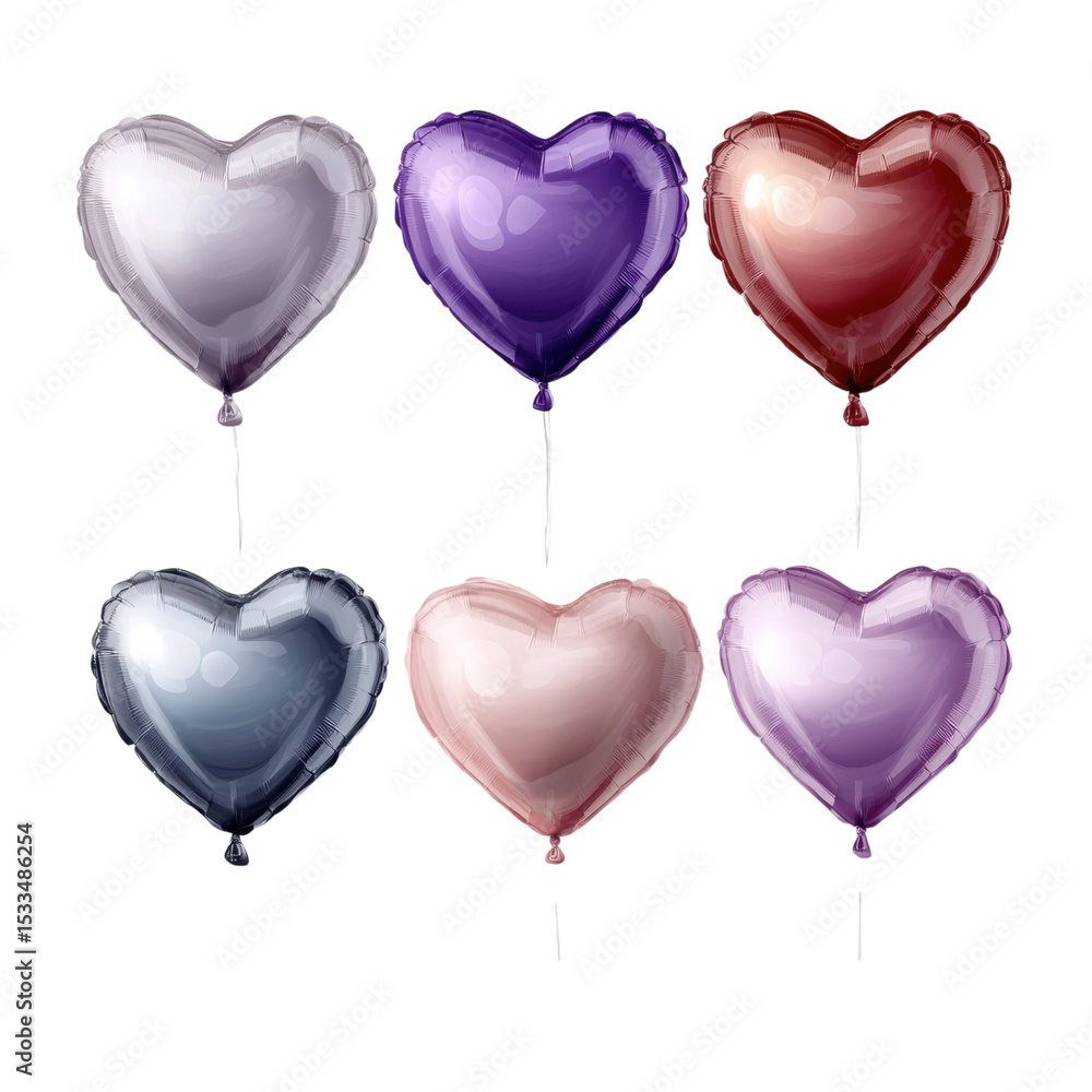 Fototapete set of various beautiful heart shaped balloons in different colours isolated on transparent backgrou