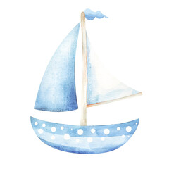 Cute watercolor sailboat illustration, blue and white, transparent background, nautical theme, children's design, summer, ocean, sea, boat, sailing, kid's room decor, isolated