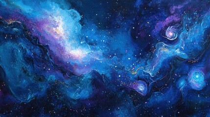 Obraz premium A cosmic-inspired abstract background with deep blues and purples, illuminated by glowing stars and nebulae, creating a sense of vastness and wonder