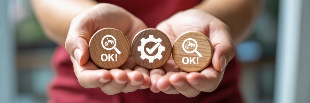Wooden circles with ok symbols held in hands.