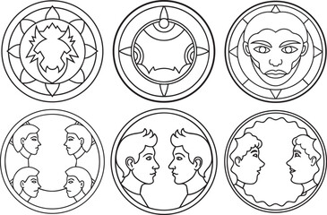 Naklejka premium Set of face circle outline vector illustration, line art