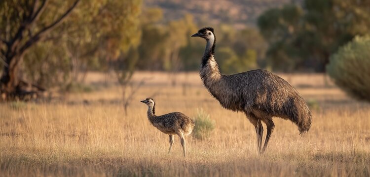An emu and its chick stand in a grassy field with trees in the background on a sunny day outdoors