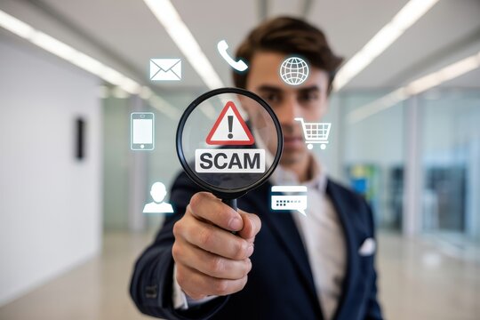 Person holding magnifying glass highlighting the word scam.
