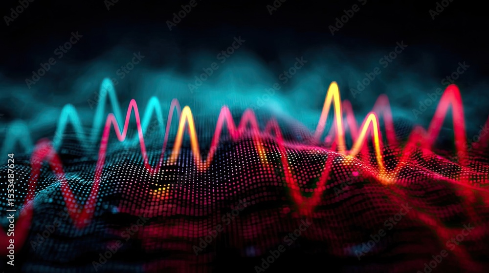 Poster energy market volatility forecast with investment in global supply concept. colorful digital wavefor