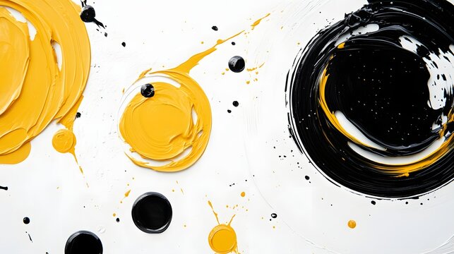 Abstract background with black, white, and yellow circular paint splashes on canvas