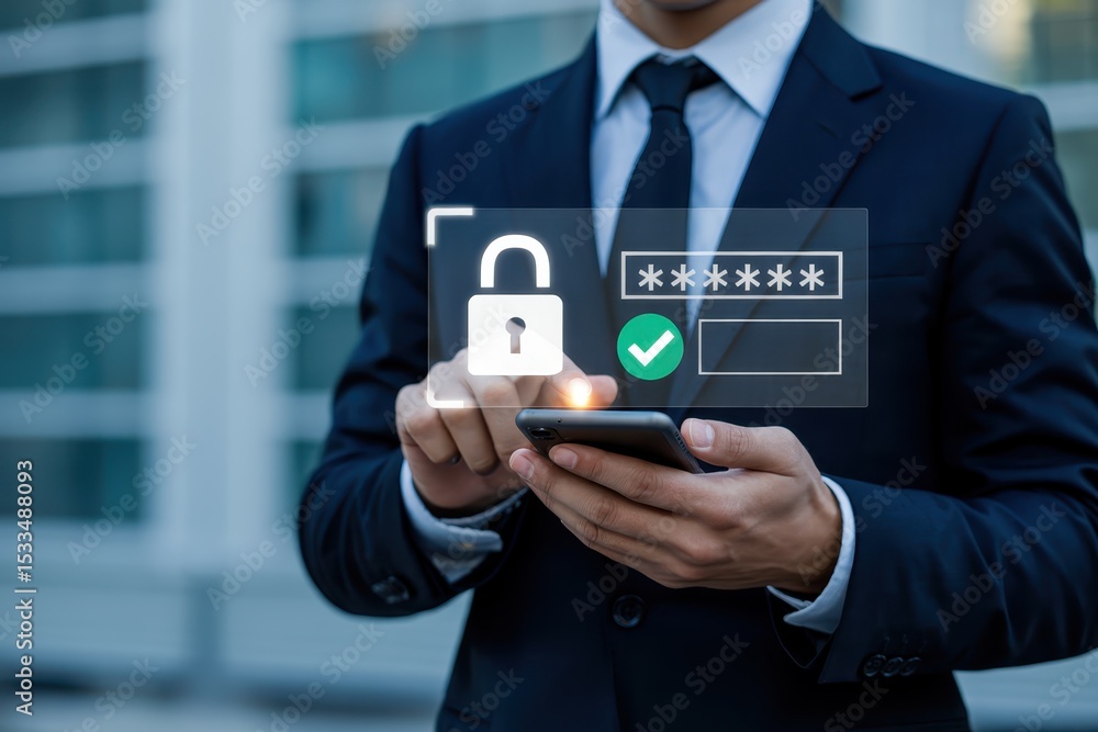 Poster person using a smartphone to log in.