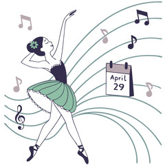 Ballet dancer, rhythmic lines, music notes, and April 29 calendar, performing arts vector