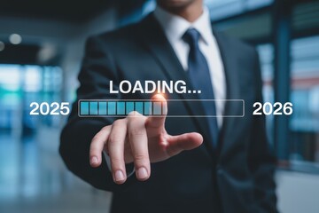 Businessperson interacts with a digital loading bar between 2025 and 2026.