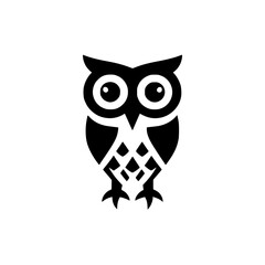 Naklejka premium Geometric black owl icon on white background, Minimalist black owl design with symmetrical shapes and bold lines, symbolizing wisdom, knowledge, or night, in modern style.