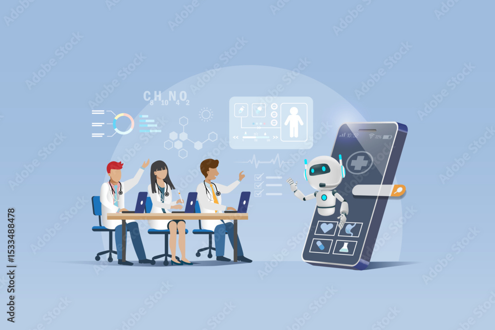 Poster doctors team studying and searching medical data with smart assist from ai chat robot technology. ar