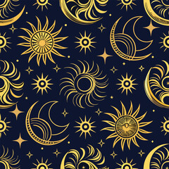 Celestial sun and moon vector pattern, midnight navy with gold line art, mystical bohemian design, seamless repeat