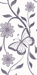 Butterfly with open wings and a flower with rounded petals, both in purple tones, on a white background with floral motifs