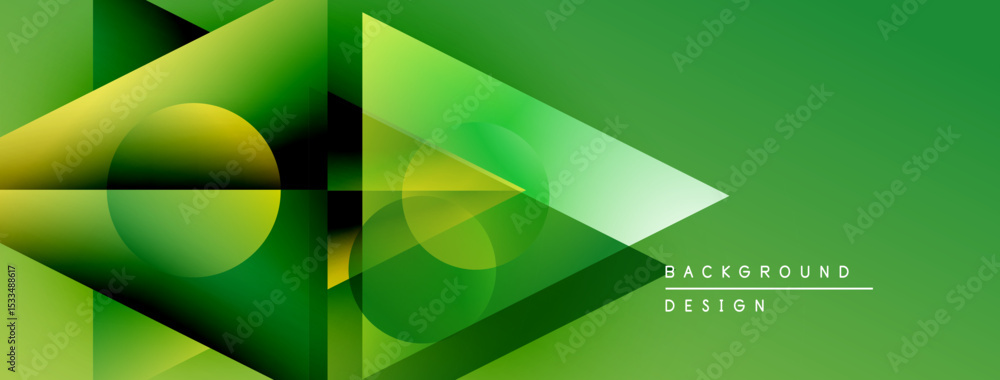 Poster Abstract green design features overlapping geometric shapes. Circles, triangles create dynamic visual effect. Modern, vibrant composition.