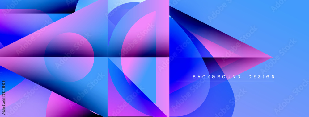 Poster Abstract gradients form dynamic shapes. Blue, purple hues blend creating modern visual effect. Minimalist design suggests technology, innovation.