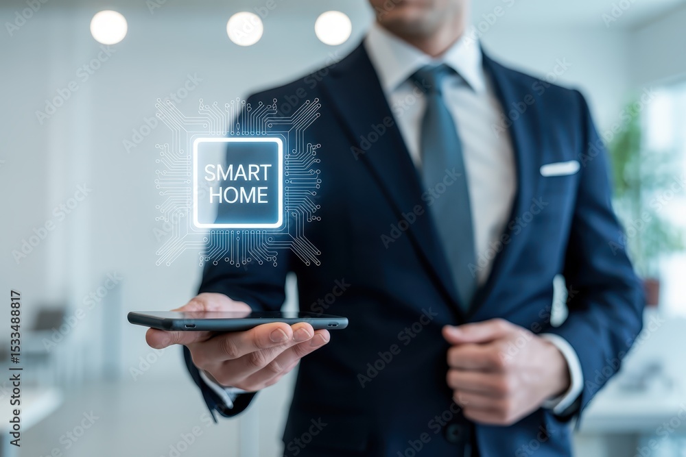 Poster a man in a suit holding a tablet displaying a smart home interface.