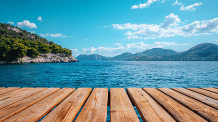 Wooden table on the background of the sea, island and the blue sky. High quality photo