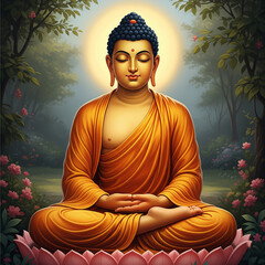 This image is a detailed, high-resolution depiction of Lord Gautam Buddha as an Indian lord, seated in a meditative pose under a Bodhi tree.