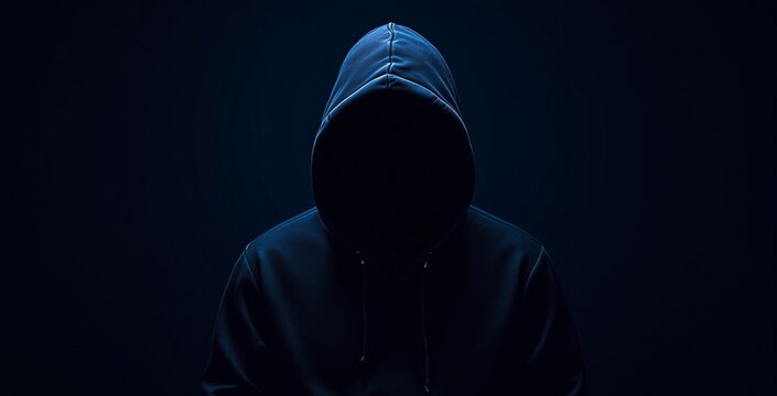 Mysterious faceless person in hoodie under low light on dark background concept of anonymity and cybercrime in digital world security threat scene.