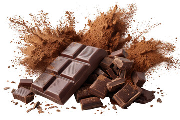 Dark chocolate bar and cocoa powder explosion isolated on transparent background