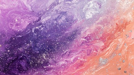 Obraz premium A cosmic-inspired abstract design with layers of swirling cosmic dust and glimmering stars in shades of violet, pink, and silver, evoking a sense of vastness and wonder