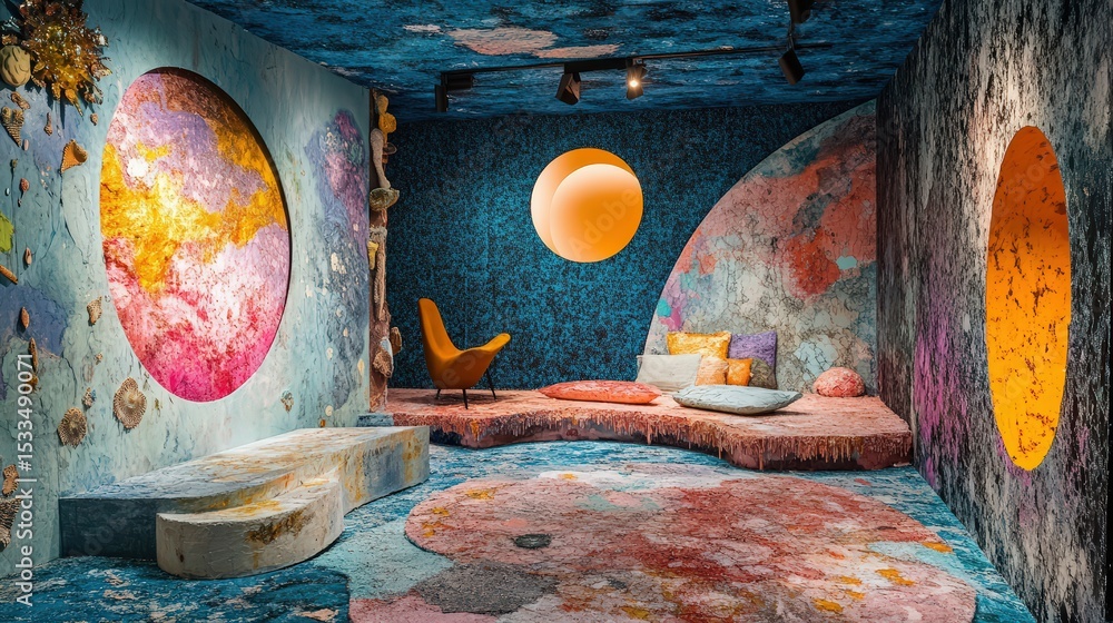 Aufkleber surreal interior space featuring textured walls with circular openings and unique color palette