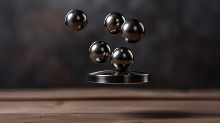 Naklejka premium Strong rare-earth magnet levitating metallic spheres in midair, demonstrating magnetic force and physics concept, science experiment or educational demonstration.