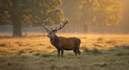 Fototapeta premium Majestic red deer stag standing in golden meadow at sunrise, early morning wildlife photography, antlers in backlight, autumn forest background, natural habitat, peaceful scene, nature and animal 