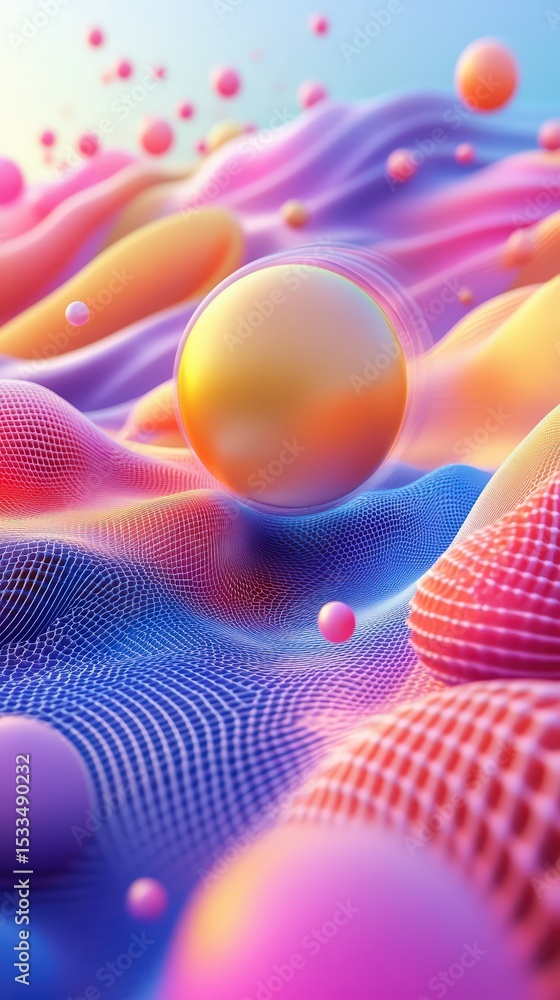 Poster surreal landscape of fluid gradients with floating spheres and textured surface