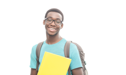 Happy African American college student holding yellow folder, transparent background