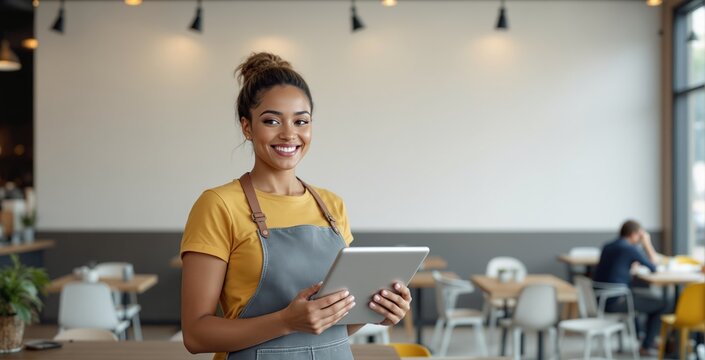 Smiling woman in apron holding digital tablet inside modern cafe with wooden tables and chairs, standing confidently and ready to assist customers.