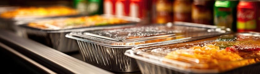 Processed meals contain greasy calories and salty soda taste concept. Delicious prepared meals in aluminum trays ready for serving.