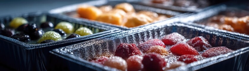 Processed meals contain greasy calories and salty soda taste concept. A vibrant assortment of fresh fruits in metallic trays.