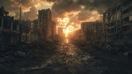 Empty street of burnt up city. Apocalyptic view of city downtown as disaster film poster concept. City destroyed by war
