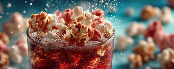 Soda overload fast food with sugar, and salt mix concept. Refreshing beverage with popcorn topping in vibrant setting.