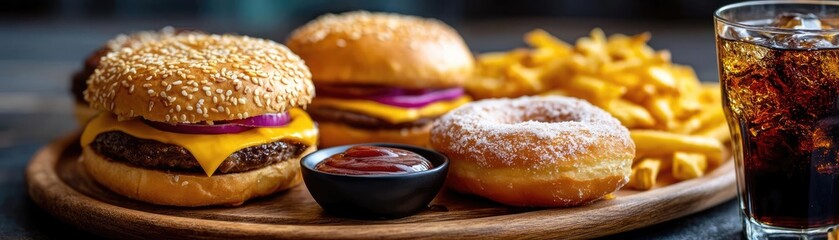 Soda overload fast food with sugar, and salt mix concept. Delicious burgers, fries, and a sweet donut on a wooden platter.
