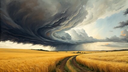 Stormy sky over wheat fields, expressive oil painting, swirling brushwork