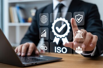 Businessperson interacting with an iso certification interface.