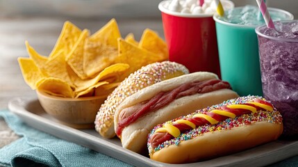 Soda overload fast food with sugar, and salt mix concept. Delicious hot dogs, nachos, and colorful drinks on a serving tray.